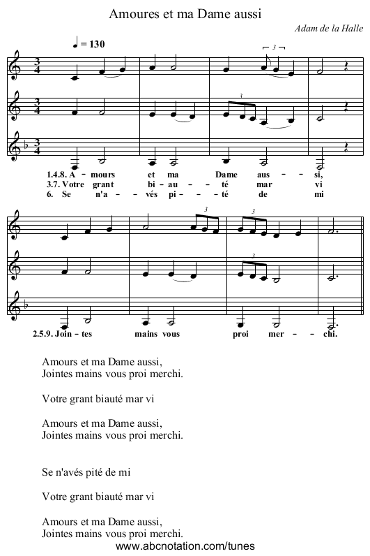 Amoures et ma Dame aussi - staff notation