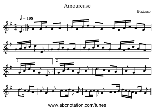 Amoureuse - staff notation