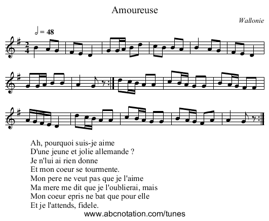 Amoureuse - staff notation