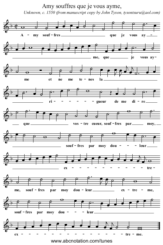 Amy souffres que je vous ayme, - staff notation