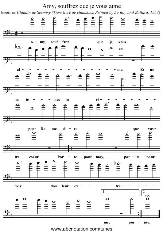 Amy, souffrez que je vous aime - staff notation