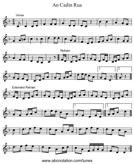An Cailin Rua - staff notation