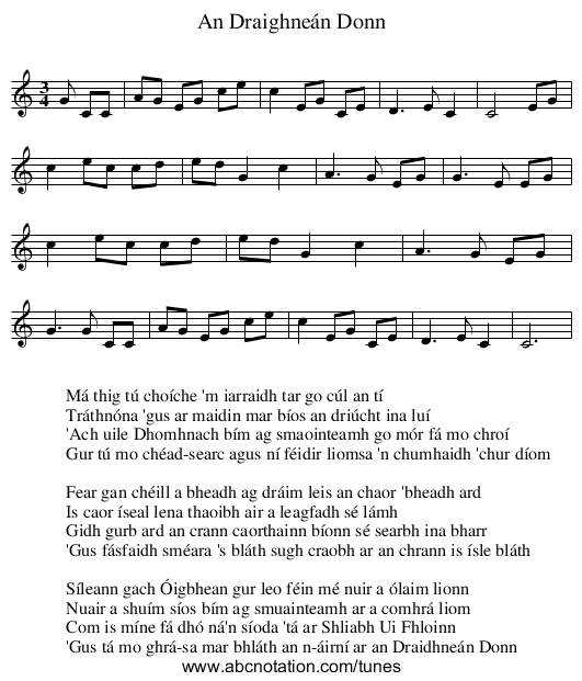 An Draighneán Donn - staff notation