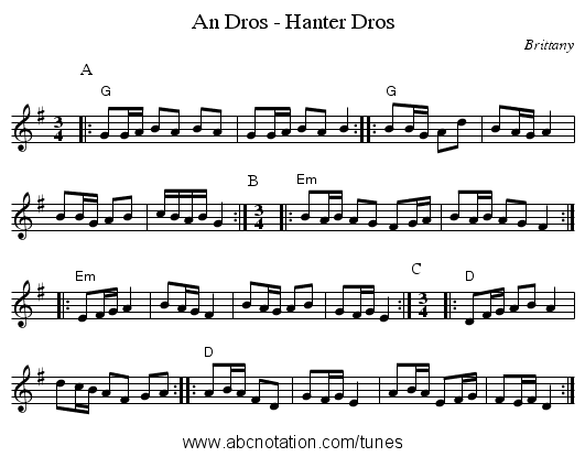 An Dros - Hanter Dros - staff notation