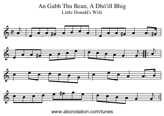 An Gabh Thu Bean, A Dhò'ill Bhig - staff notation