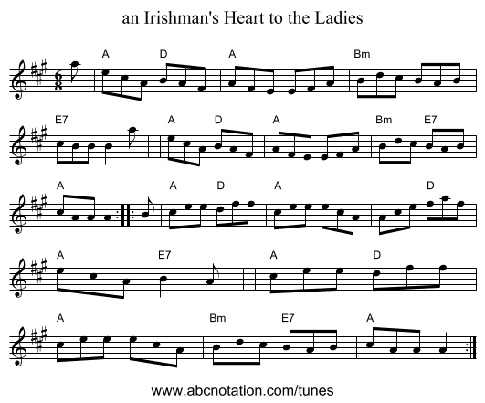 an Irishman's Heart to the Ladies - staff notation