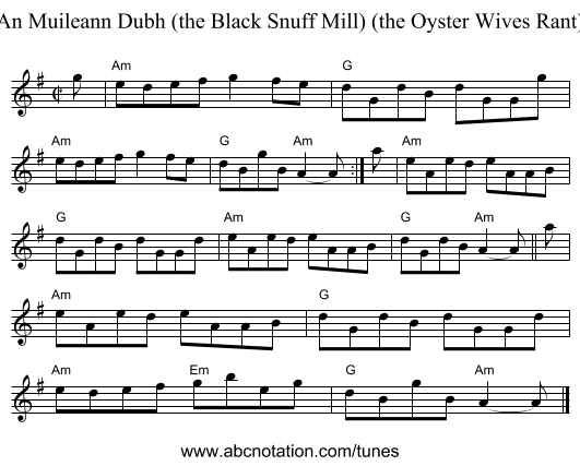 An Muileann Dubh (the Black Snuff Mill) (the Oyster Wives Rant) - staff notation