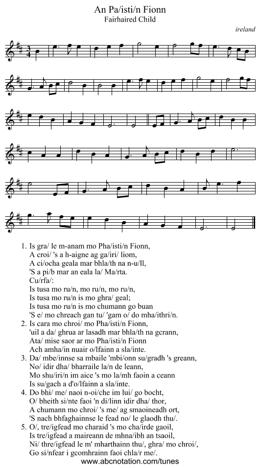 An Pa/isti/n Fionn - staff notation