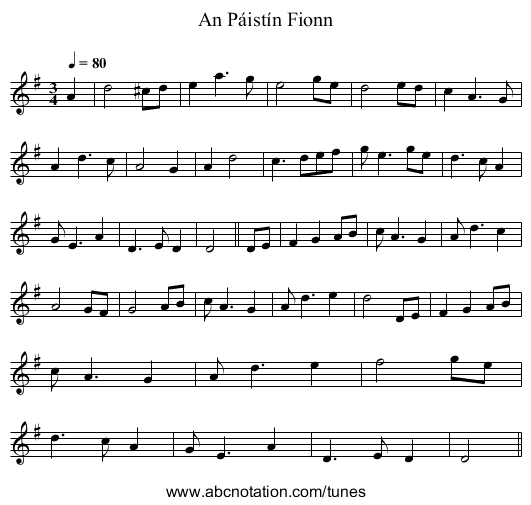An P&aacute;ist&iacute;n Fionn - staff notation