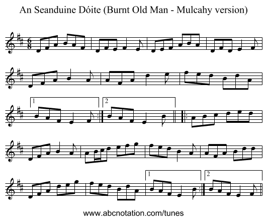 An Seanduine Dóite (Burnt Old Man - Mulcahy version) - staff notation