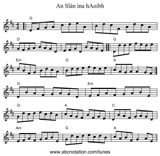 An Slán ína hAoibh - staff notation