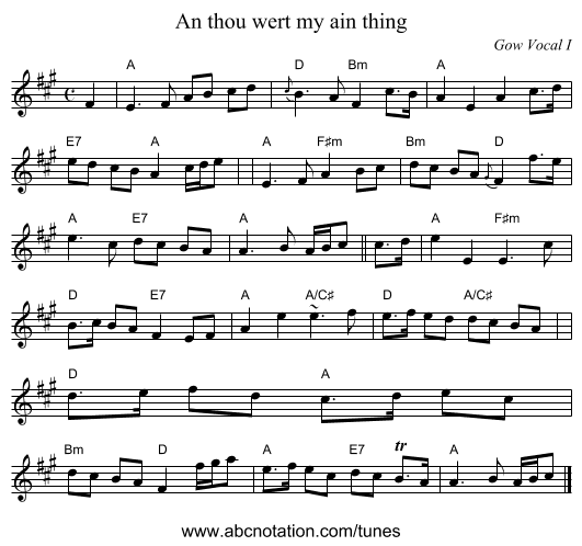 An thou wert my ain thing - staff notation