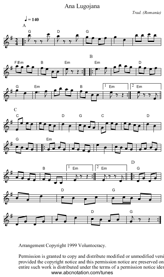 Ana Lugojana - staff notation