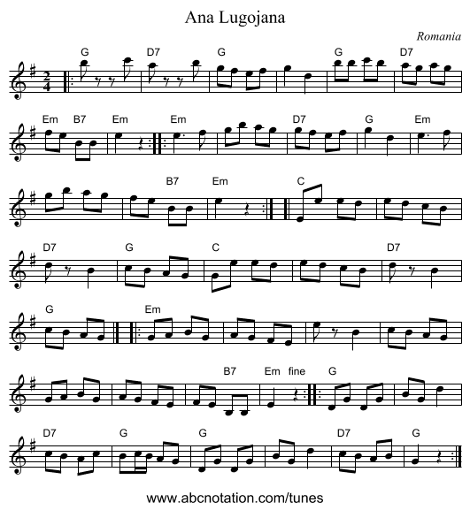 Ana Lugojana - staff notation