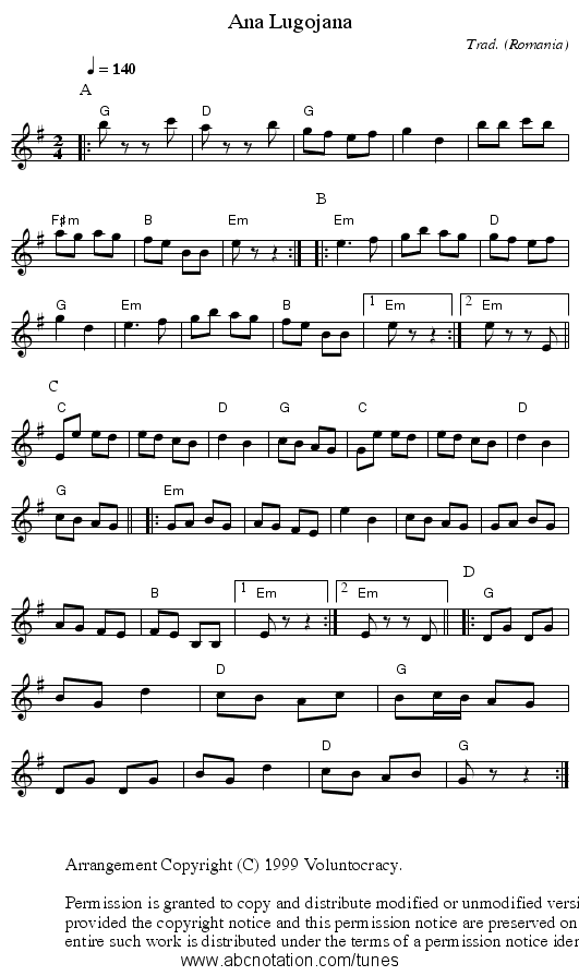 Ana Lugojana - staff notation