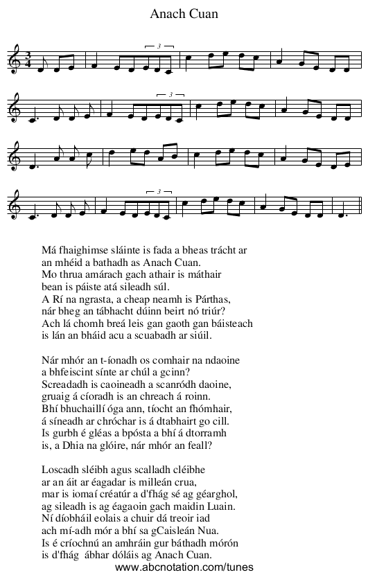 Anach Cuan - staff notation