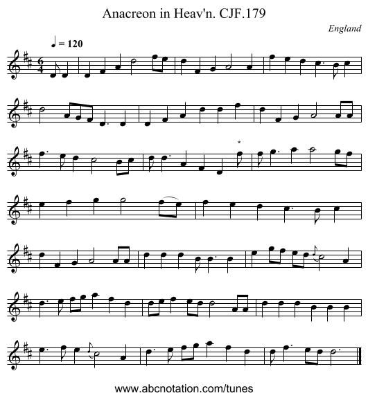 Anacreon in Heav'n. CJF.179 - staff notation