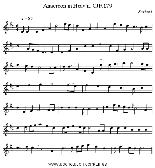 Anacreon in Heav'n. CJF.179 - staff notation