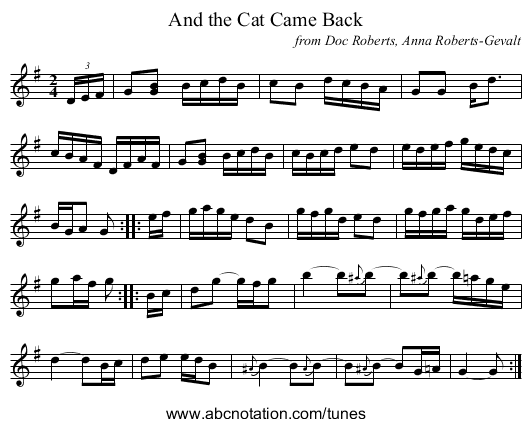 And the Cat Came Back - staff notation