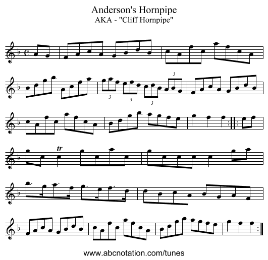 Anderson's Hornpipe - staff notation