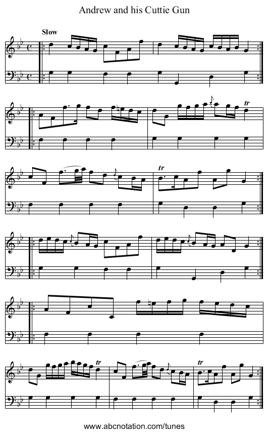 Andrew and his Cuttie Gun - staff notation