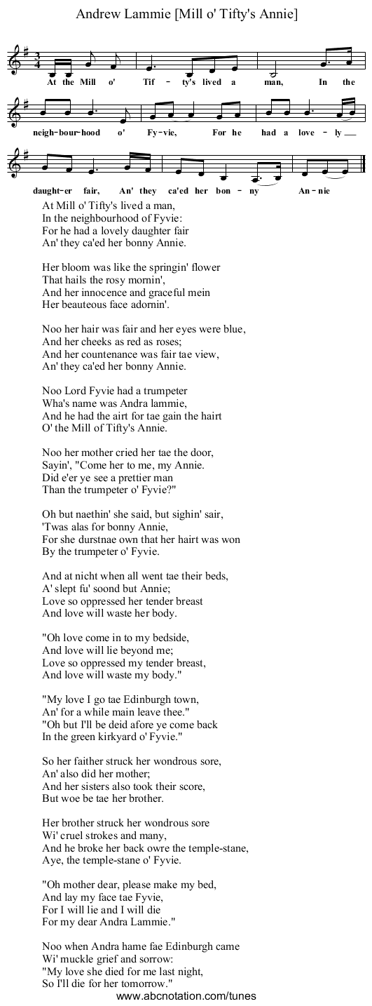 Andrew Lammie [Mill o' Tifty's Annie] - staff notation