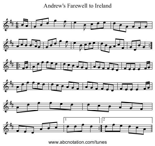 Andrew's Farewell to Ireland - staff notation