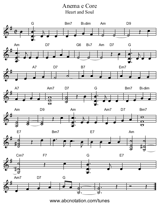 Anema e Core - staff notation