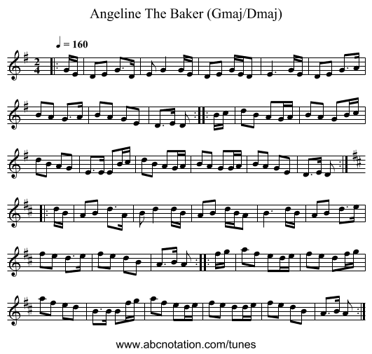Angeline The Baker (Gmaj/Dmaj) - staff notation