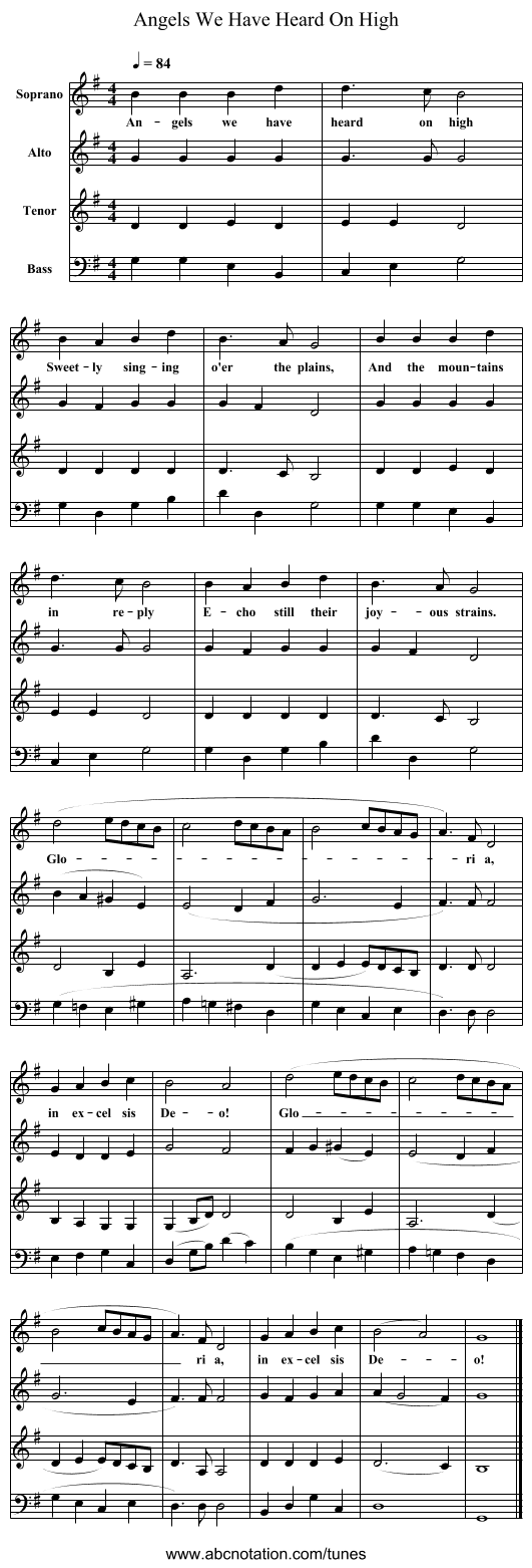 Angels We Have Heard On High - staff notation