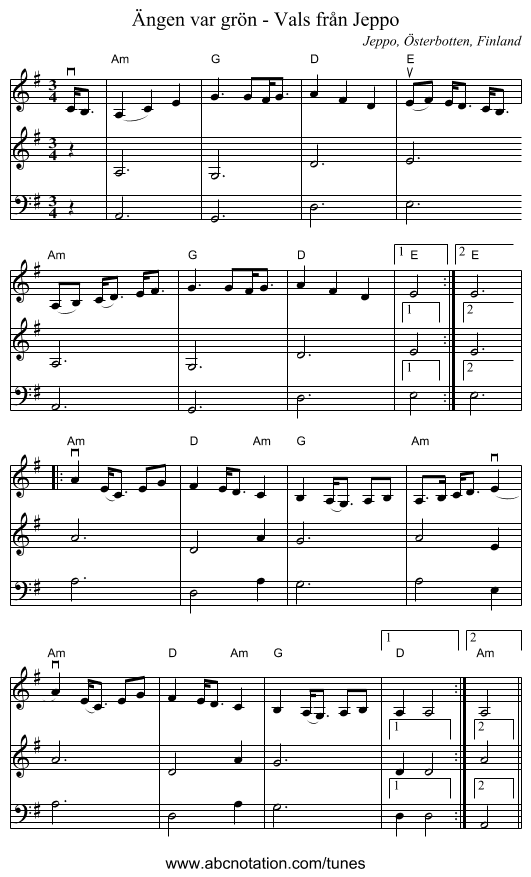 Ängen var grön - Vals från Jeppo - staff notation