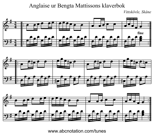 Anglaise ur Bengta Mattissons klaverbok - staff notation