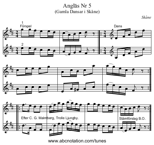 Angläs Nr 5 - staff notation