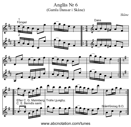 Angläs Nr 6 - staff notation