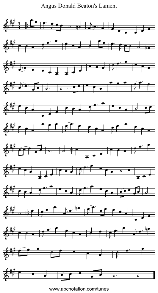 Angus Donald Beaton's Lament - staff notation