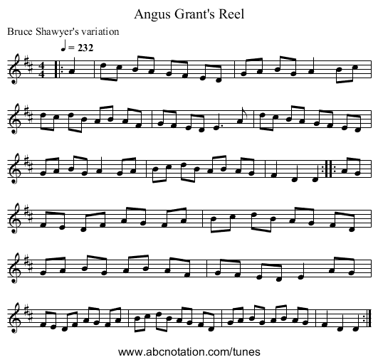 Angus Grant's Reel - staff notation