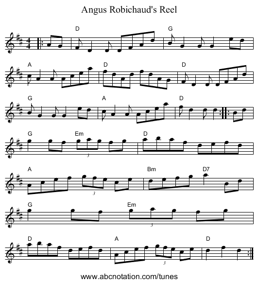 Angus Robichaud's Reel - staff notation