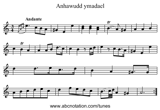 Anhawudd ymadael - staff notation