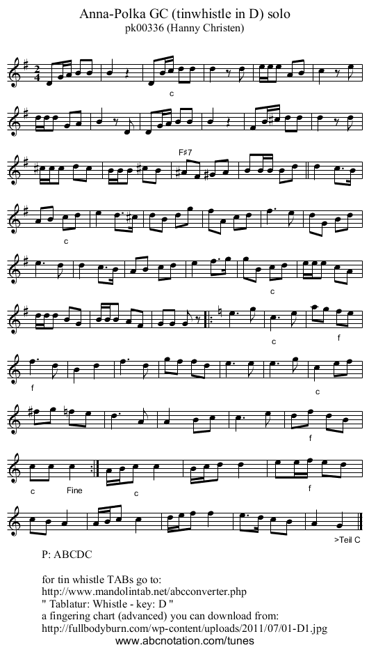 Anna-Polka GC (tinwhistle in D) solo - staff notation