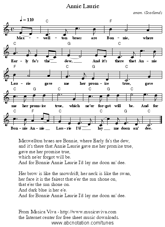 Annie Laurie - staff notation