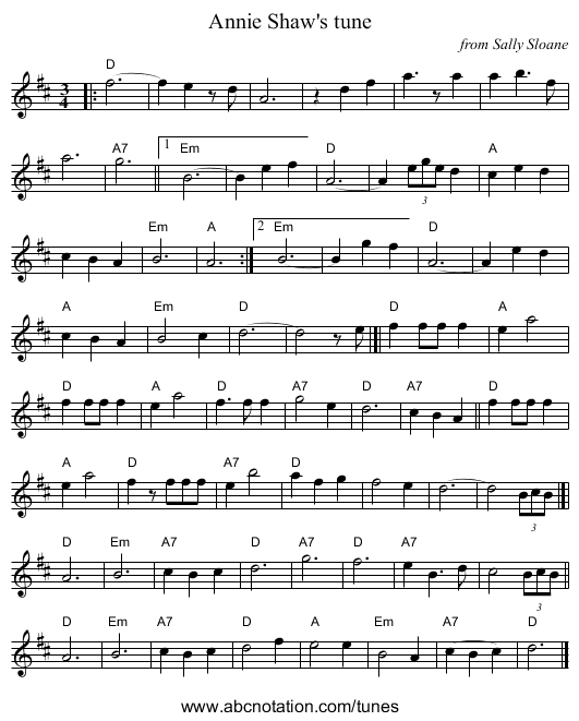 Annie Shaw's tune - staff notation