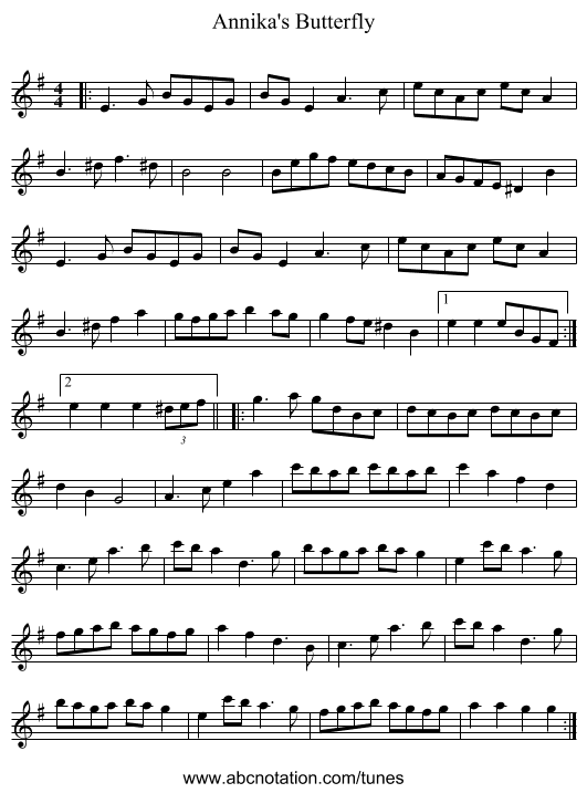 Annika's Butterfly - staff notation