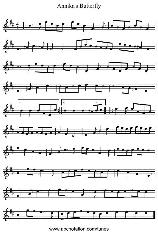 Annika's Butterfly - staff notation