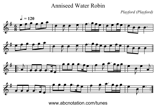 Anniseed Water Robin - staff notation