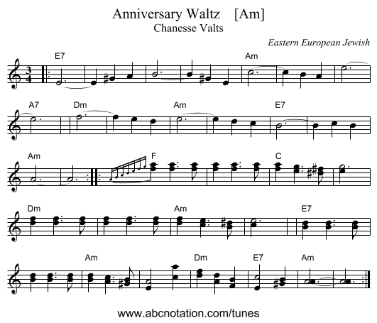 Anniversary Waltz    [Am] - staff notation