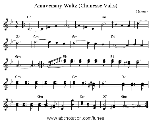 Anniversary Waltz (Chanesse Valts) - staff notation