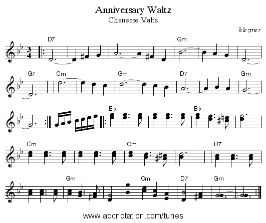 Anniversary Waltz - staff notation