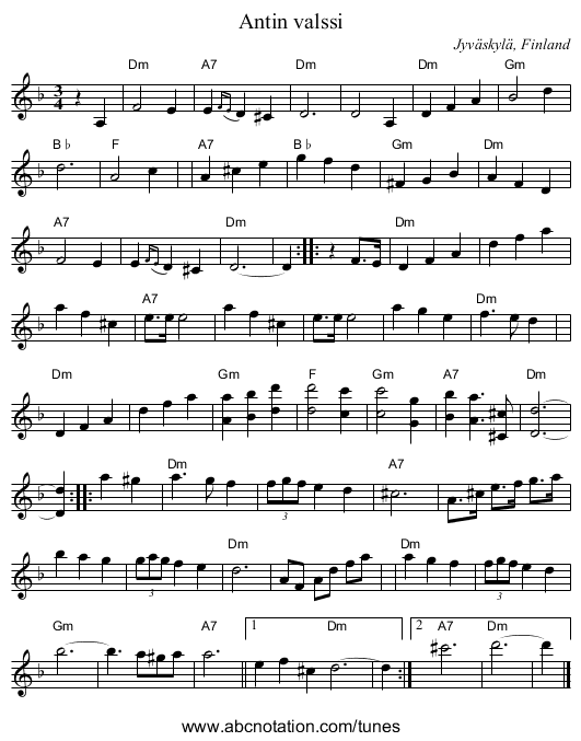 Antin valssi - staff notation