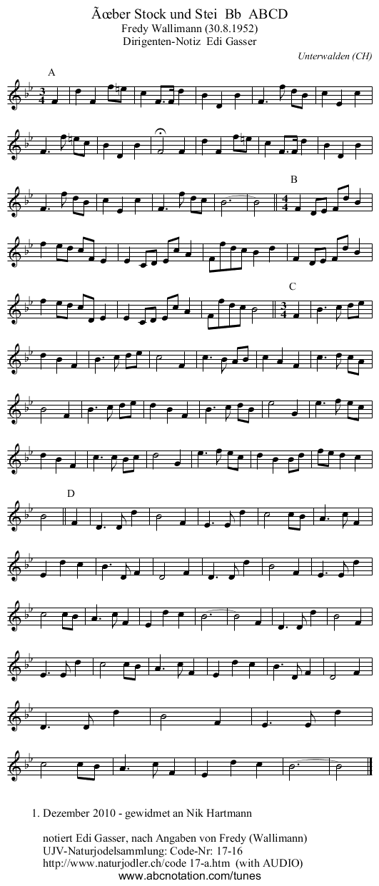 Über Stock und Stei Bb ABCD - staff notation