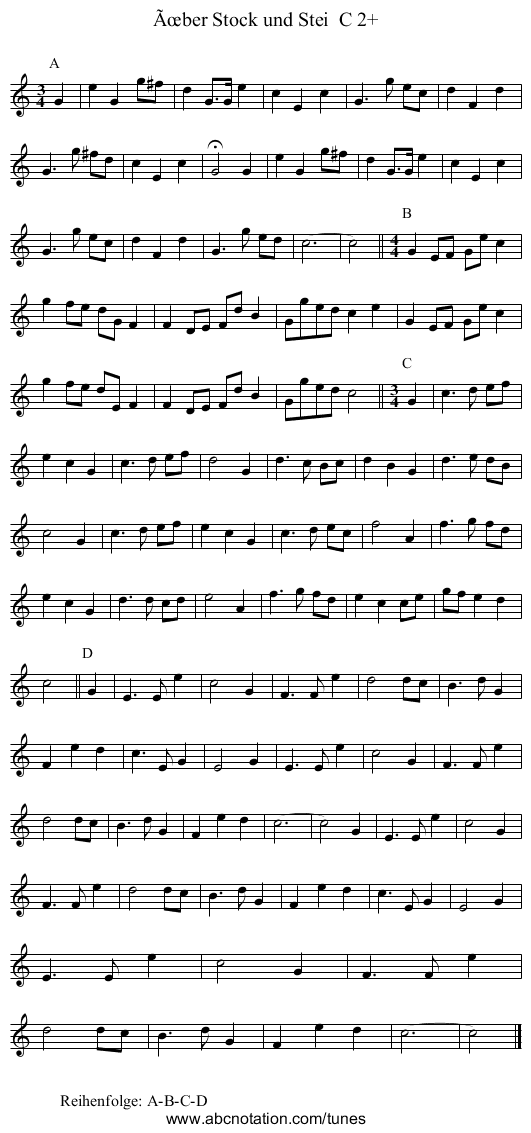 Über Stock und Stei C 2+ - staff notation